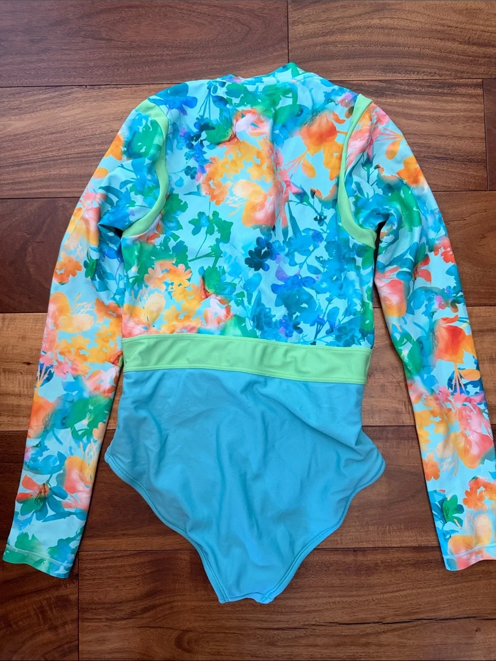 NWOT Athleta Girl Floral Aqua and Orange Long-Sleeve One-Piece Rash Guard